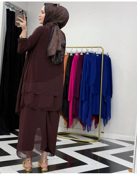 3’lü Takım Şık Tesettür Elbise – Candy Kumaş Kahverengi