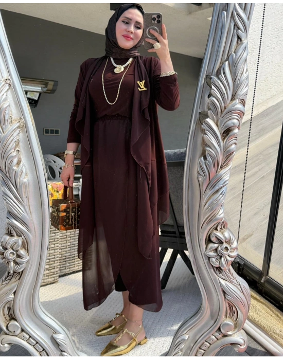 3’lü Takım Şık Tesettür Elbise – Candy Kumaş Kahverengi