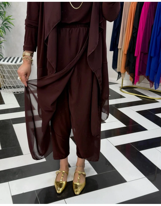 3’lü Takım Şık Tesettür Elbise – Candy Kumaş Kahverengi