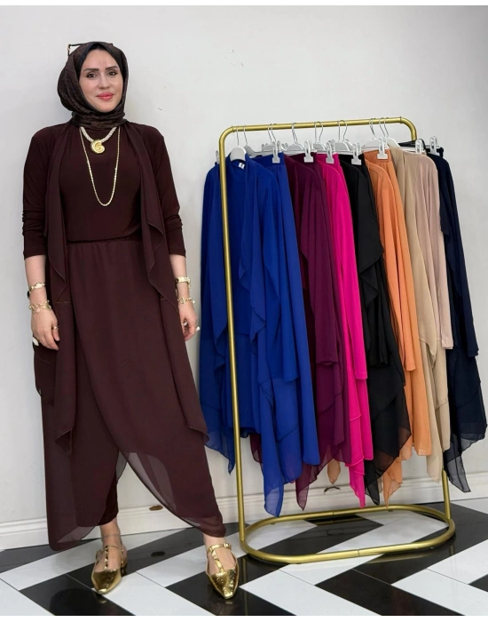 3’lü Takım Şık Tesettür Elbise – Candy Kumaş Kahverengi