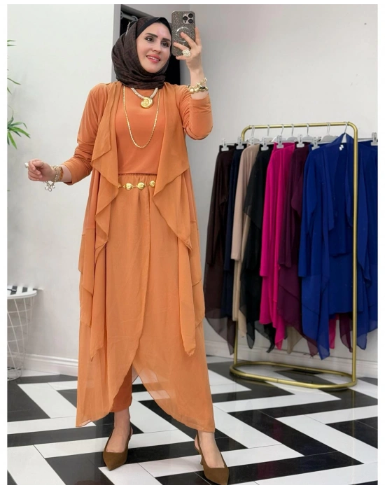 3’lü Takım Şık Tesettür Elbise – Candy Kumaş Somon