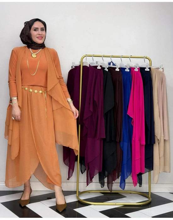 3’lü Takım Şık Tesettür Elbise – Candy Kumaş Somon