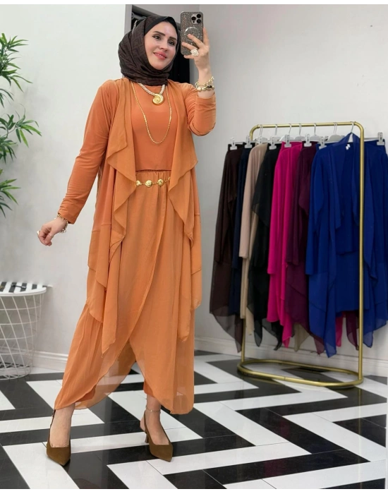 3’lü Takım Şık Tesettür Elbise – Candy Kumaş Somon