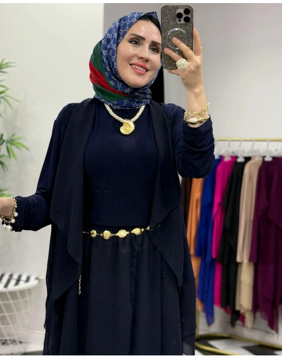 3’lü Takım Şık Tesettür Elbise – Candy Kumaş Lacivert
