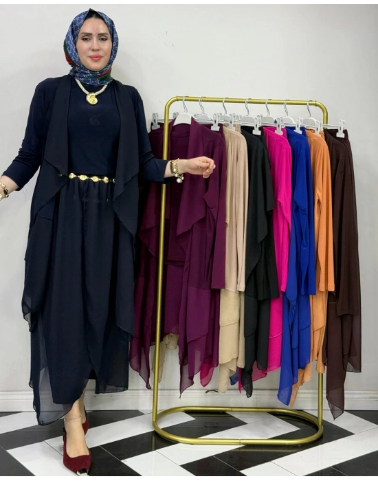 3’lü Takım Şık Tesettür Elbise – Candy Kumaş Lacivert