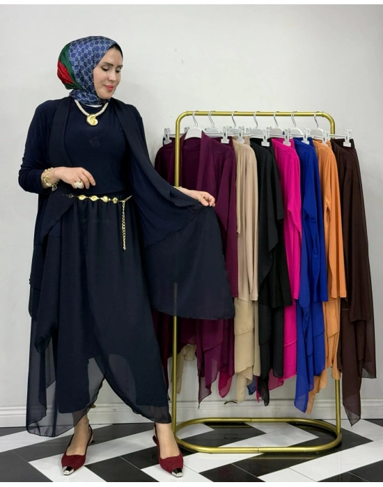 3’lü Takım Şık Tesettür Elbise – Candy Kumaş Lacivert