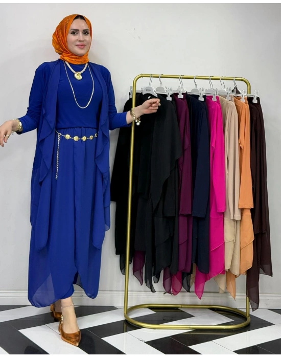 3’lü Takım Şık Tesettür Elbise – Candy Kumaş Saks Mavi