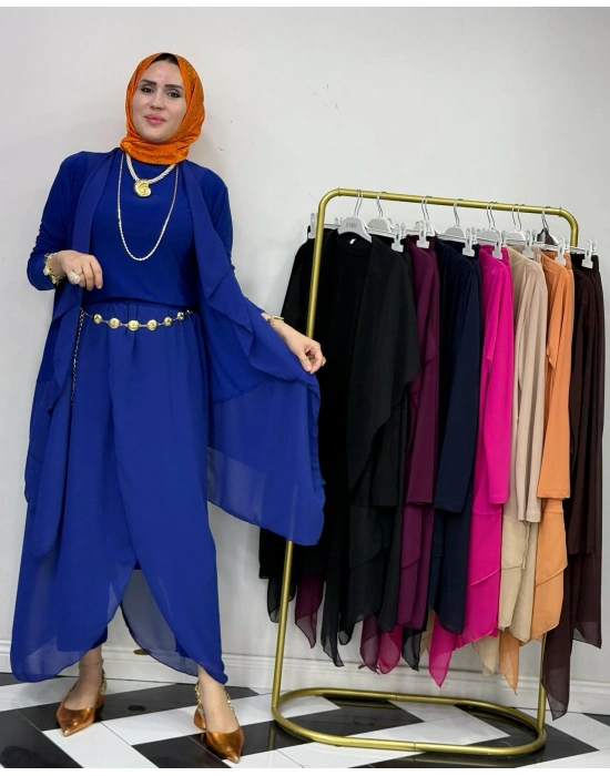 3’lü Takım Şık Tesettür Elbise – Candy Kumaş Saks Mavi