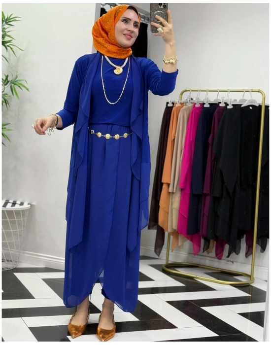 3’lü Takım Şık Tesettür Elbise – Candy Kumaş Saks Mavi