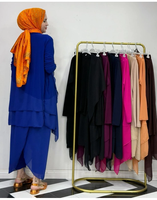 3’lü Takım Şık Tesettür Elbise – Candy Kumaş Saks Mavi