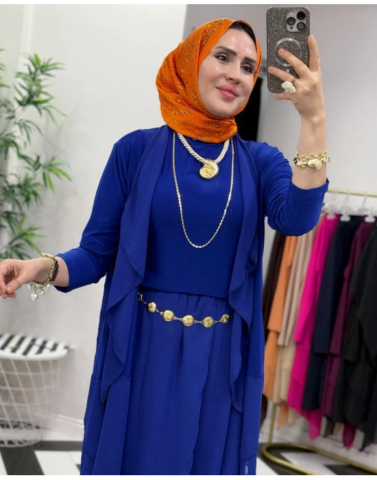 3’lü Takım Şık Tesettür Elbise – Candy Kumaş Saks Mavi