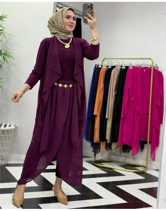 3’lü Takım Şık Tesettür Elbise – Candy Kumaş Mürdüm