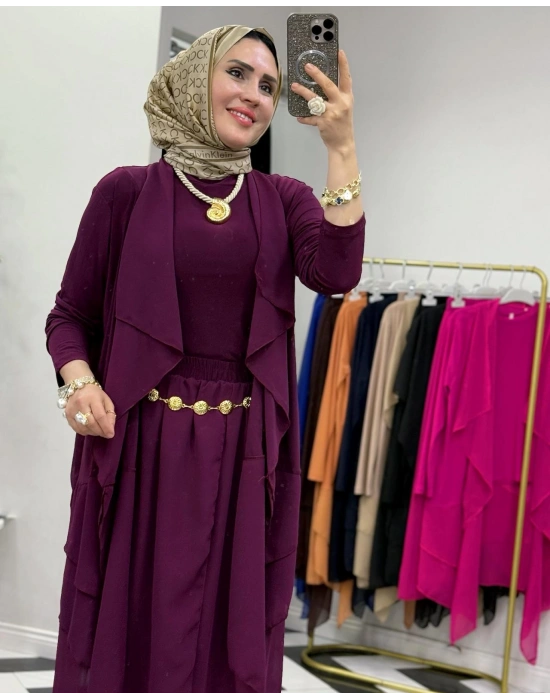 3’lü Takım Şık Tesettür Elbise – Candy Kumaş Mürdüm