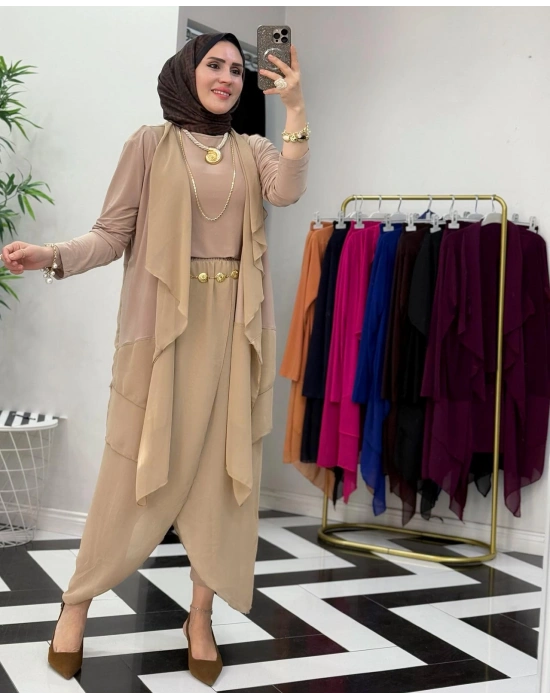 3’lü Takım Şık Tesettür Elbise – Candy Kumaş Vizon