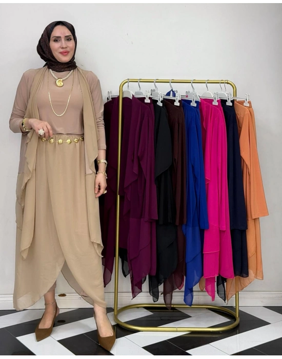 3’lü Takım Şık Tesettür Elbise – Candy Kumaş Vizon