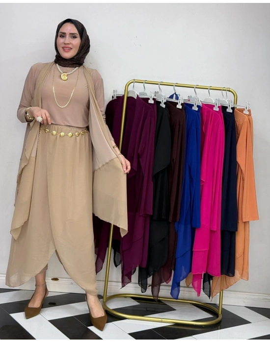 3’lü Takım Şık Tesettür Elbise – Candy Kumaş Vizon