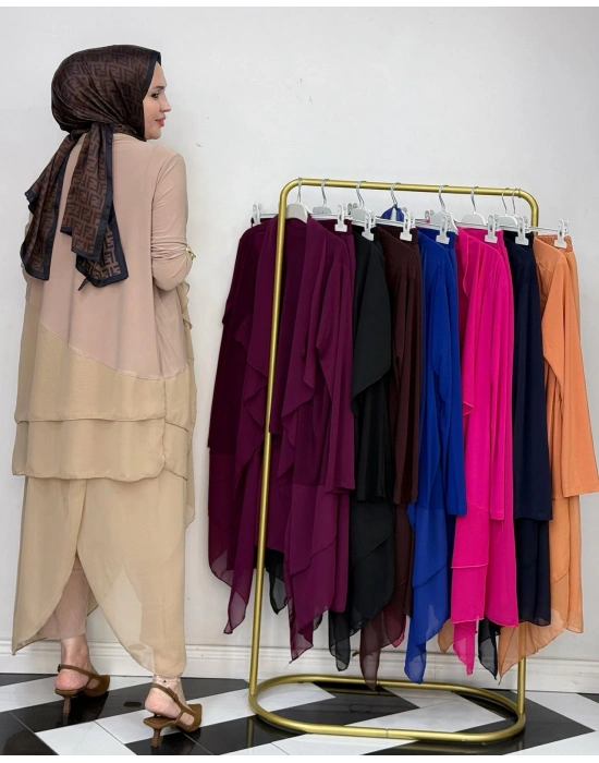 3’lü Takım Şık Tesettür Elbise – Candy Kumaş Vizon