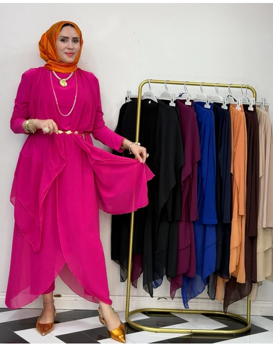 3’lü Takım Şık Tesettür Elbise – Candy Kumaş Pembe