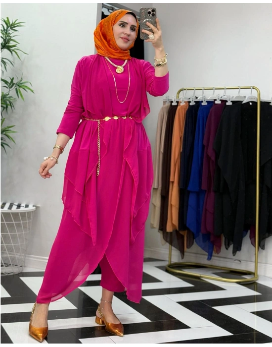 3’lü Takım Şık Tesettür Elbise – Candy Kumaş Pembe