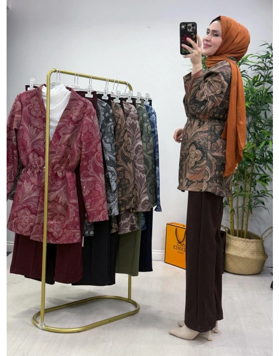 Etnik Desen Takım Haki-Kahve