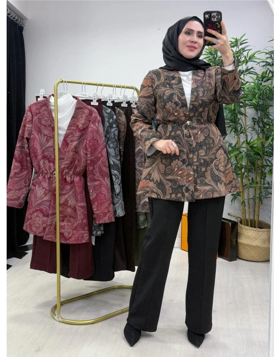 Etnik Desen Takım Haki-Kahve