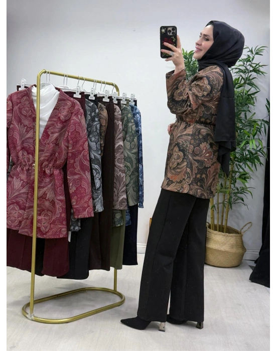 Etnik Desen Takım Haki-Kahve