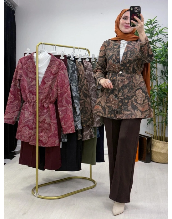 Etnik Desen Takım Haki-Kahve