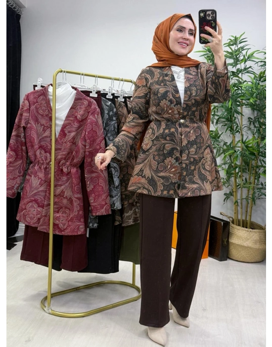 Etnik Desen Takım Haki-Kahve