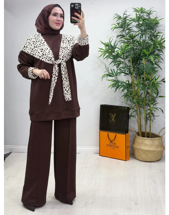 Aura Şal Detaylı Takım Kahverengi