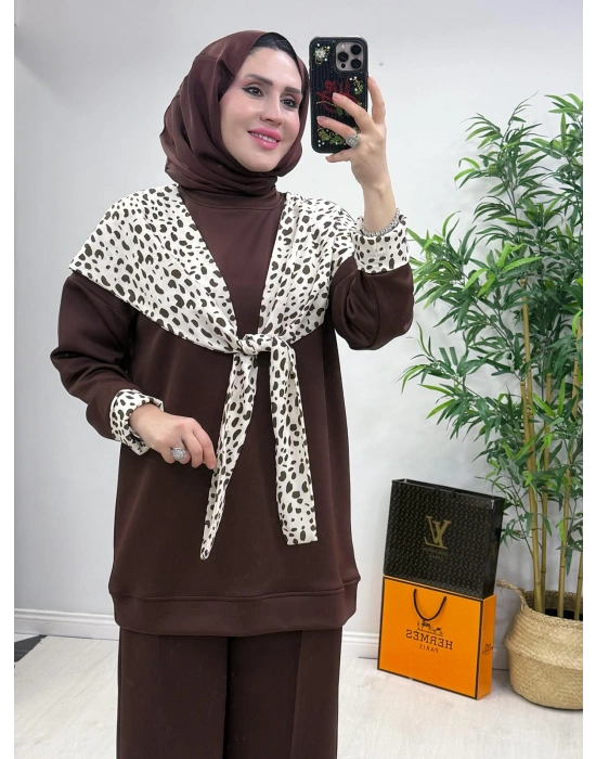 Aura Şal Detaylı Takım Kahverengi