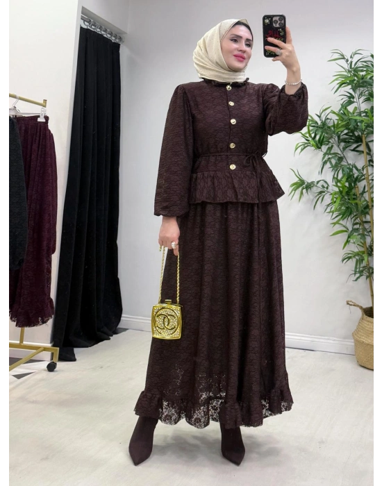 Tasarım Dantel Etekli Takım Kahverengi