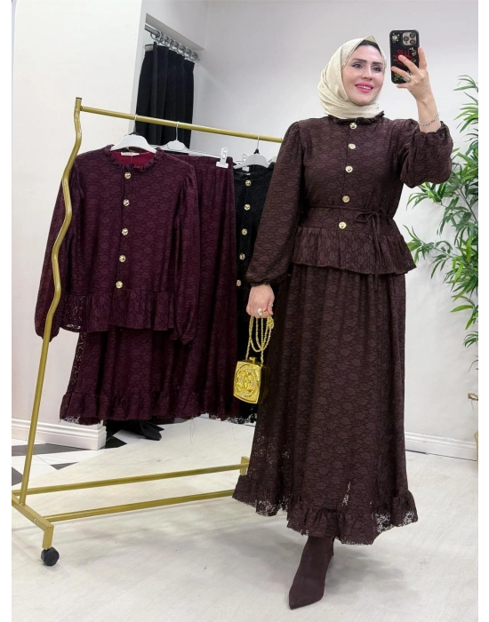 Tasarım Dantel Etekli Takım Kahverengi