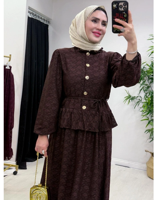 Tasarım Dantel Etekli Takım Kahverengi