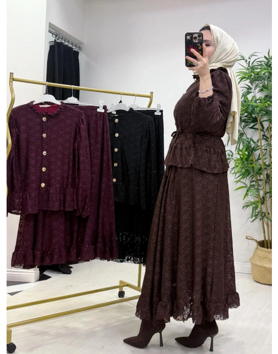 Tasarım Dantel Etekli Takım Kahverengi