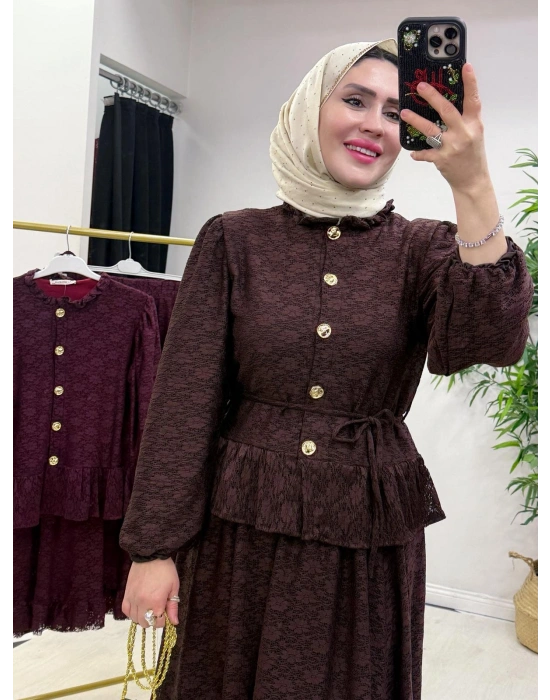 Tasarım Dantel Etekli Takım Kahverengi