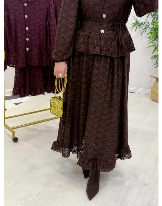 Tasarım Dantel Etekli Takım Kahverengi