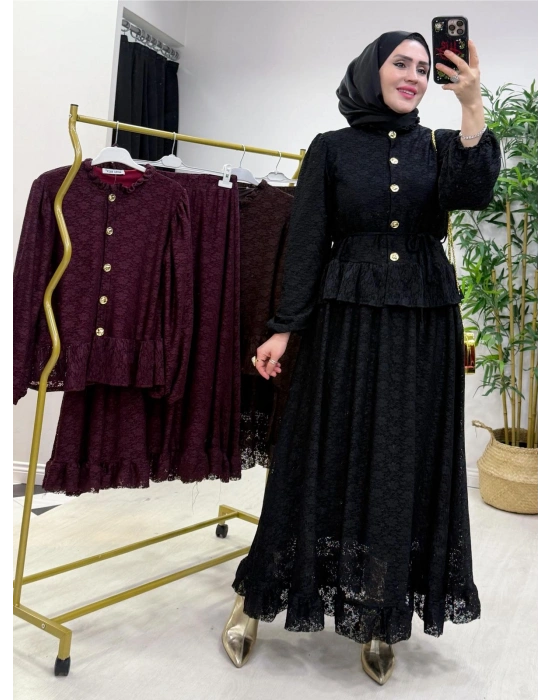 Tasarım Dantel Etekli Takım Siyah