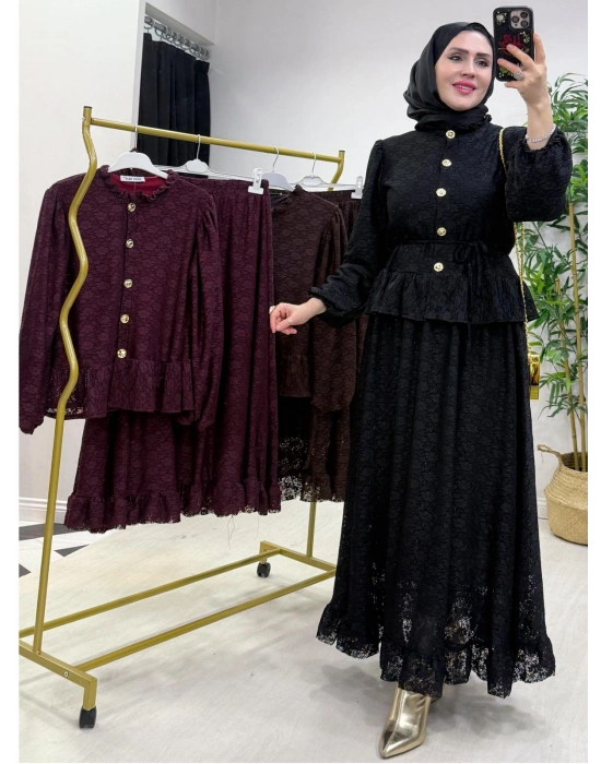 Tasarım Dantel Etekli Takım Siyah