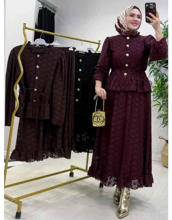 Tasarım Dantel Etekli Takım Mürdüm