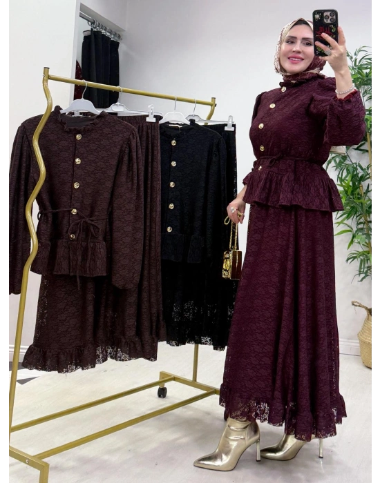 Tasarım Dantel Etekli Takım Mürdüm