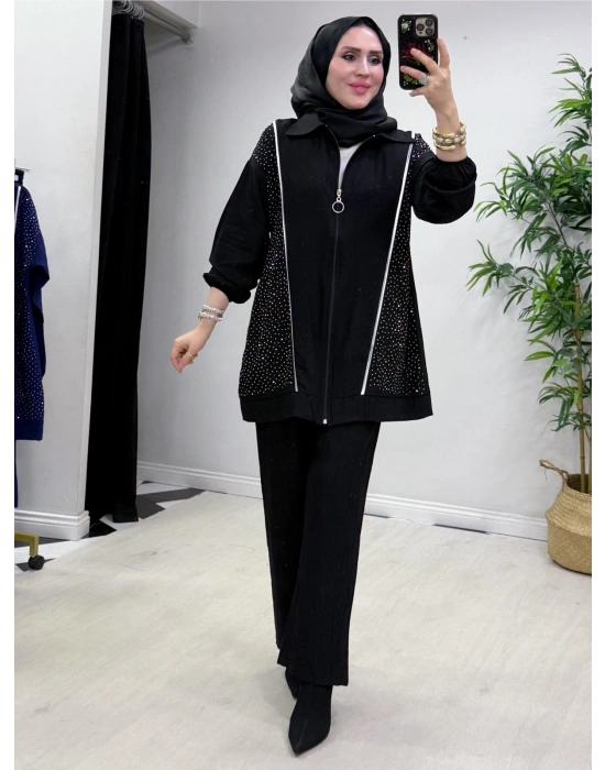 Ağaç Kabuğu Kumaş Takım Siyah