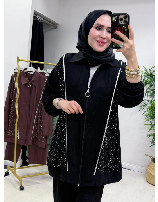 Ağaç Kabuğu Kumaş Takım Siyah