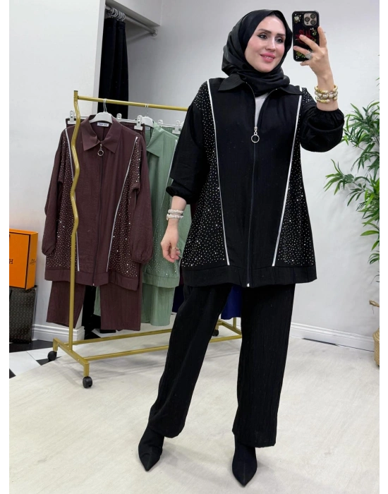 Ağaç Kabuğu Kumaş Takım Siyah