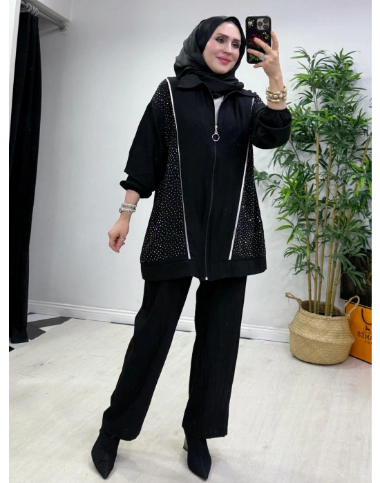 Ağaç Kabuğu Kumaş Takım Siyah