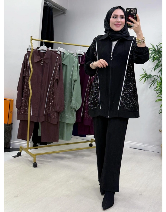 Ağaç Kabuğu Kumaş Takım Siyah