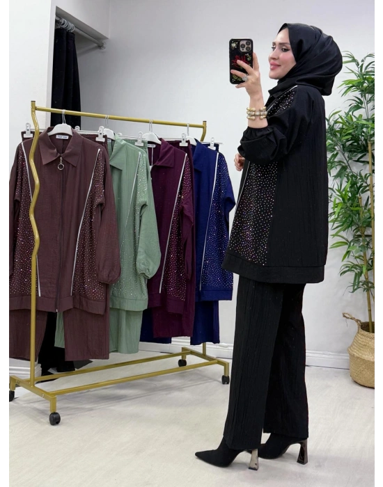 Ağaç Kabuğu Kumaş Takım Siyah