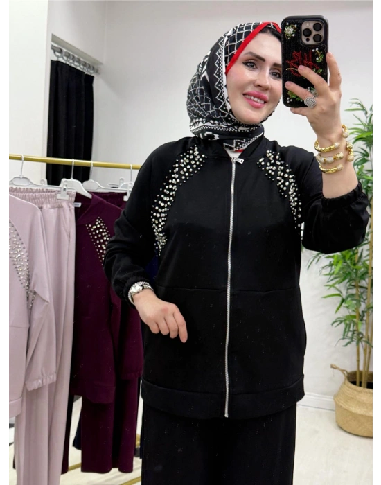 Oysho Kumaş Taş Detaylı Spor Takım Siyah