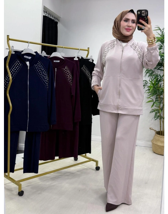 Oysho Kumaş Taş Detaylı Spor Takım Pudra