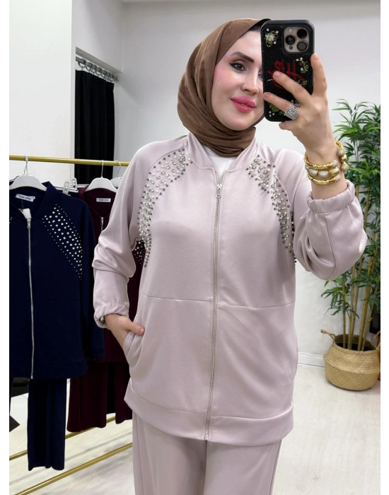 Oysho Kumaş Taş Detaylı Spor Takım Pudra