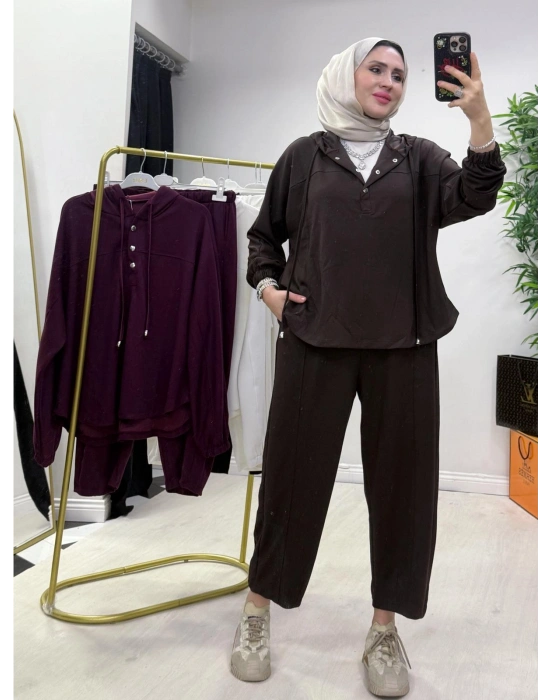 Oysho Kumaş Şalvar Pantolonlu Spor İkili Takım Kahverengi